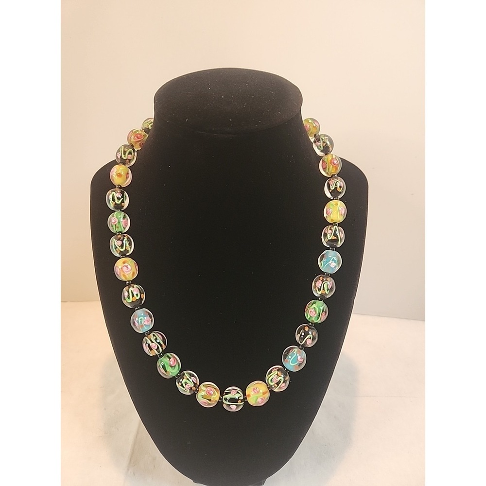Vintage Multicolor Blown Glass Beaded Floral Necklace W/Toggle Clasp‎ 19"